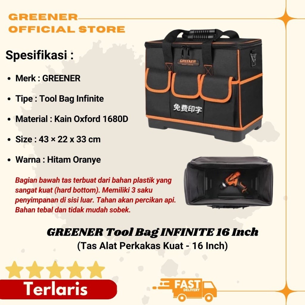 Original Greener Tool Bag Infinite Tool Box 16 Inch Kain Oxford Tebal - Tas Alat Perkakas Tukang