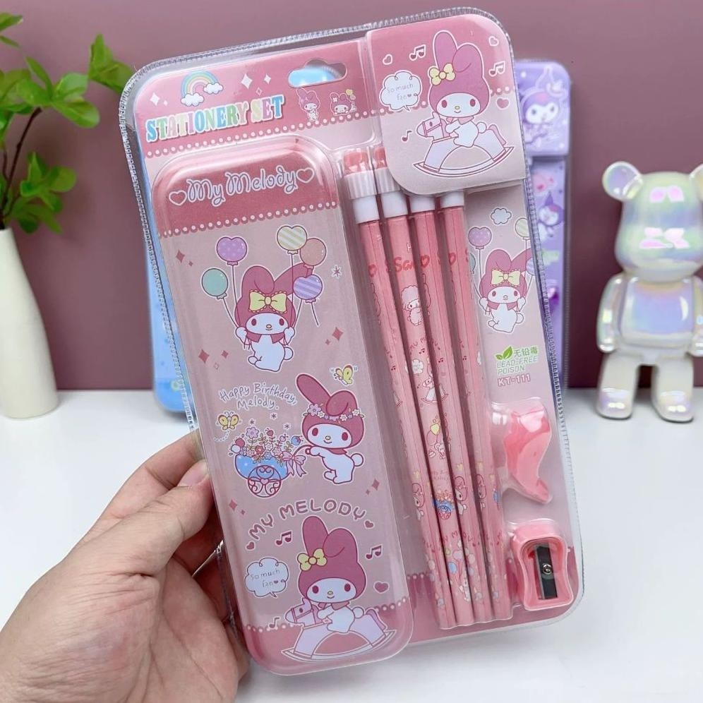 

dfg-88 Set 5 in 1 Alat Tulis Anak Sekolah Motif SANRIO/ Study Set 5 in 1 Rautan + Pensil + Kotak Pensil + Penghapus + Penutup Pensil Termurah