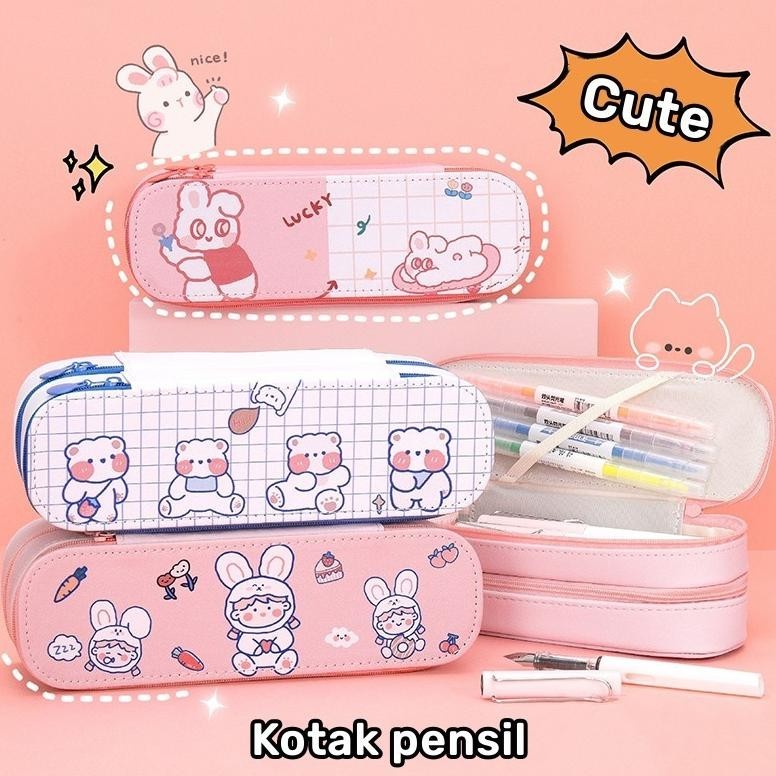 

ryu-56 Kotak pensil 2 susun motif kelinci karakter lucu kartun Tempat pensil pulpen 2 layer Korean style pencil case rabbit Tingkat tempat alat tulis anak perempuan Murah