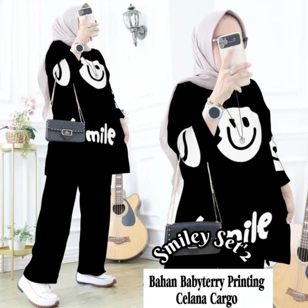 Setelan Celana Wanita Setelan Cargo Setcel Wanita Smile Baterry Printing Ld 110 Smile One Smile Komb