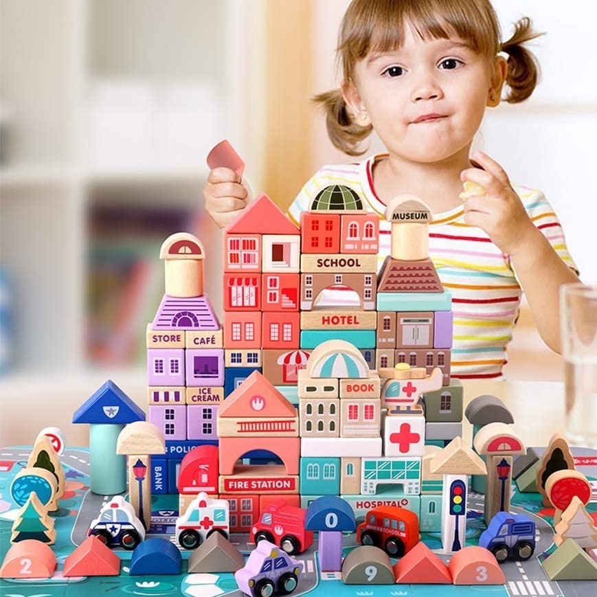 [planet] Magic Block City 115pcs - Mainan Edukasi Susun Balok Kayu Bangunan Kota