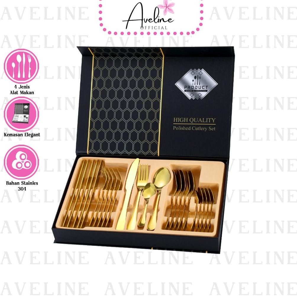 Kekinian Aveline Sendok Set Sultan / Sendok Gold / Egg Spoon Gold / Stainlees Steel / Sendok Gold Se