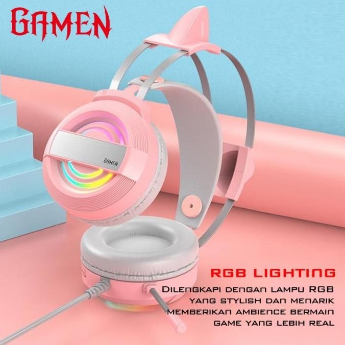 GAMEN GH1100 Pink Headphone Gaming HP Wired Headset Cat Ear Cute RGB