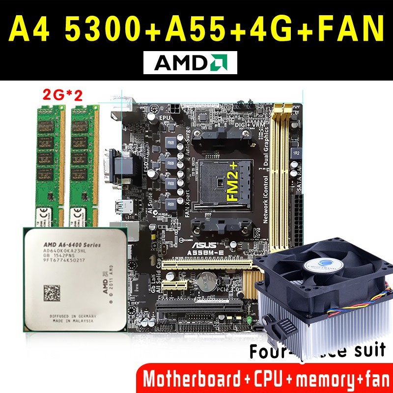 AMD A4 5300 Slot FM2 3.4GHz CPU/A4 6300/A6 6400K + A55 FM2/FM2 + Motherboard + 4G RAM + Penggemar Ra