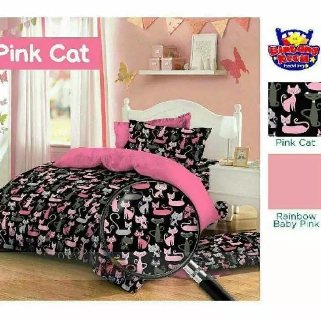 Bedcover & Sprei Premium Katun STAR Motif Pink Cat