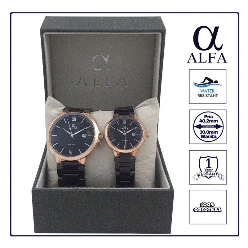ALFA Jam Tangan Pria Original Anti Air Rantai Stainess Steel Garansi Warna Rose Hitam 88802