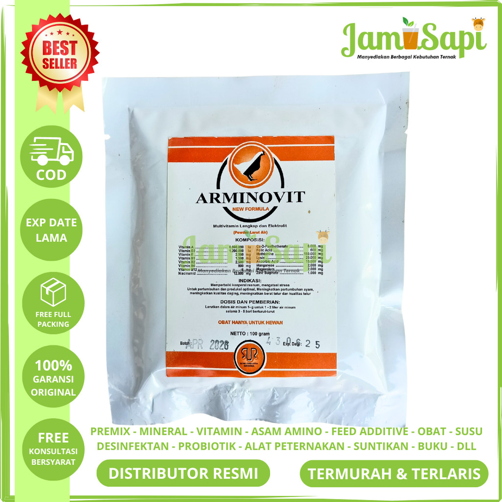 ARMINOVIT 100 gram - Multivitamin Elektrolit Asam Amino Ayam & Bebek - Vitamin Ayam Broiler Layer