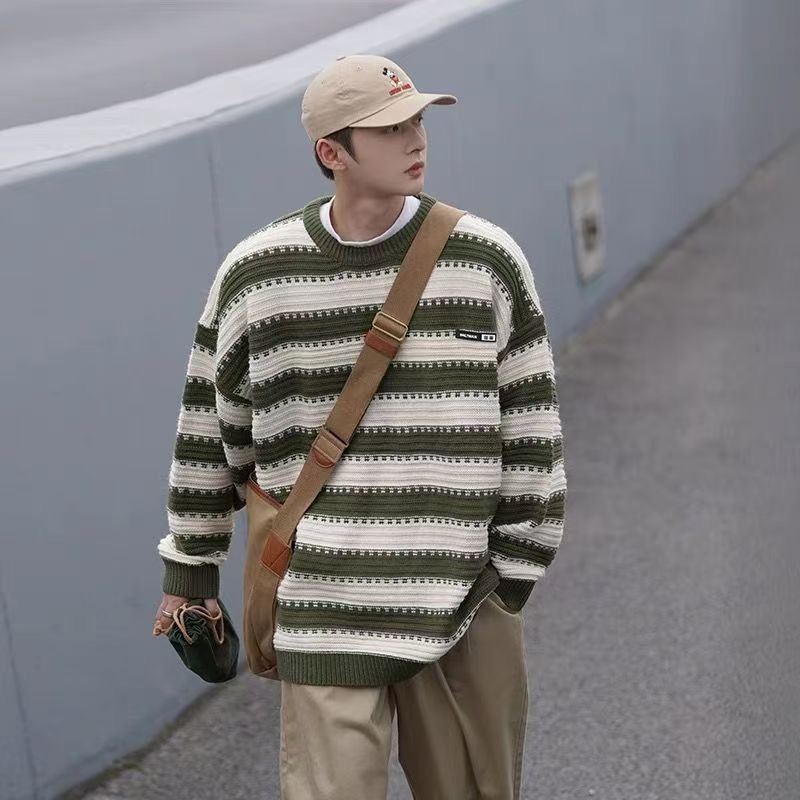 

Striped Sweater Men Japanese Lazy Style Fall Winter Trend Contrast Color Knitwear Loose Vintage round Neck Pullover Sweater