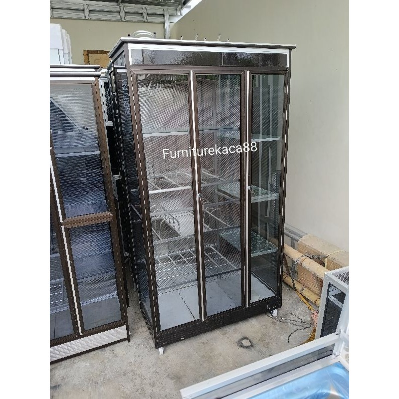 Rak Piring 3 Pintu Jumbo Full Aluminium Hitam Bawah Keramik Roda