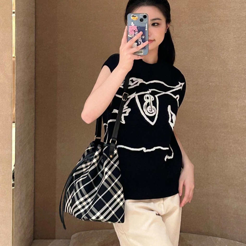 Tas Kurir Bahu Wanita, Tas Ember Serut Tekstur Kotak-kotak