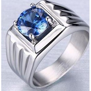Cincin Pria Titanium Steel 316 Batu Blue Sapphire Aaa+Cubic Zircon