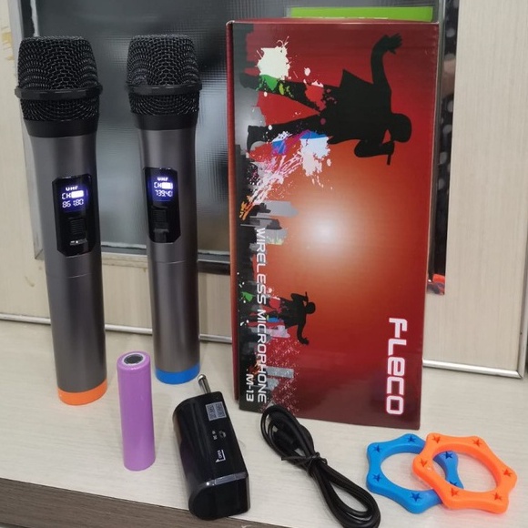 Ready Stock COD MIC MICROPHONE WIRELESS  DOUBLE FLECO M-13 LED / MIC KARAOKE  FLECO M-13 / MIC TANPA