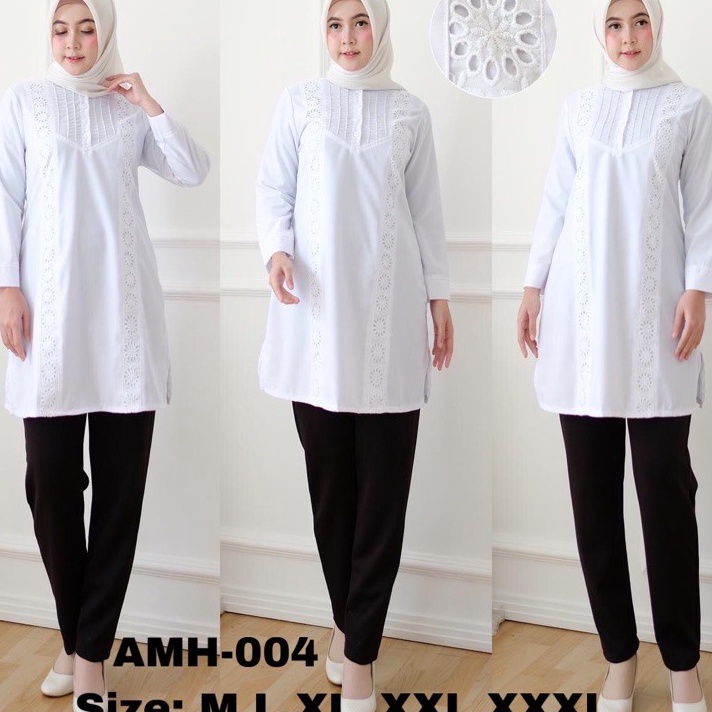Best Seller Sakha - AMH 04 Baju Atasan Wanita Tunik Putih Kombinasi Renda.