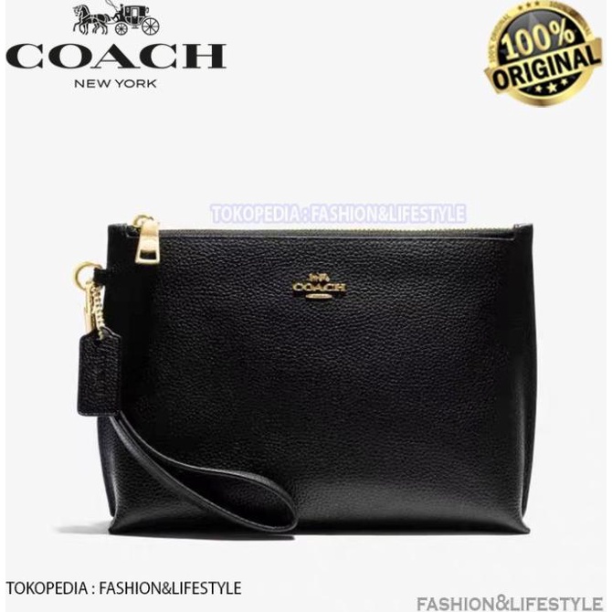 Coach Pebbled Leather Charlie Pouch Bag Black Clutch 100% Original