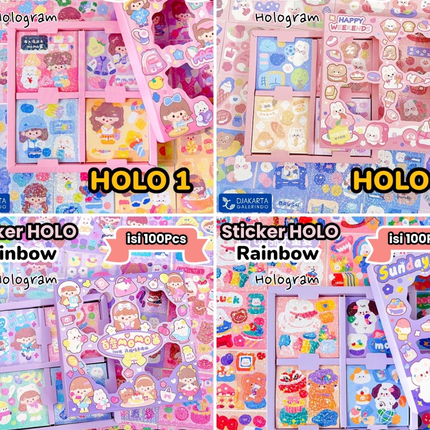 

(H-O✔♫4) Sticker MOMO Hologram Glitter Rainbow Mix Warna Original waterproof Stiker Kartun Korea Anti Air Original isi 100pcs- super.kerren!