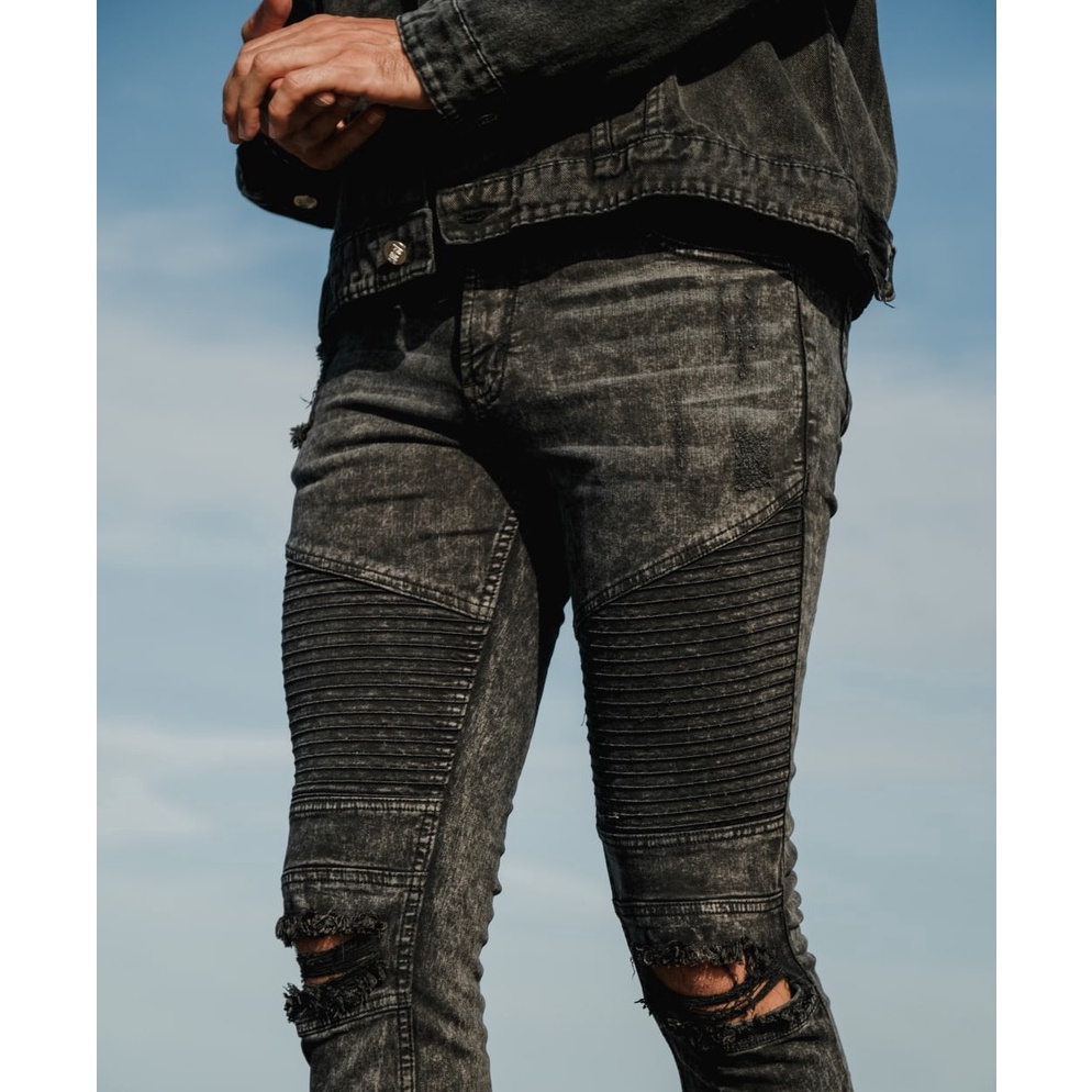 TERBAIK Weird Jeans - Biker Mash Black - Celana Jeans Pria Skinny Slimfit Strech Ripped Biker