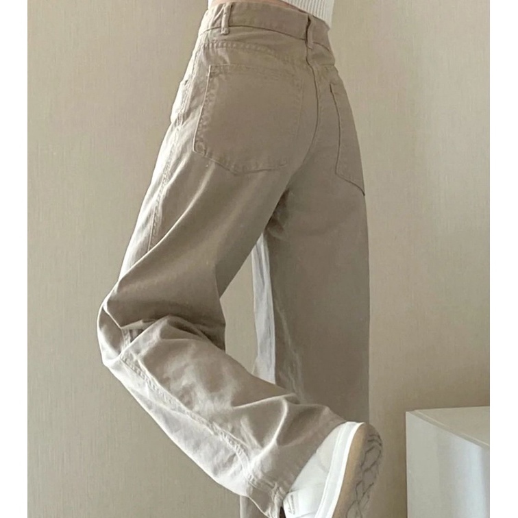 (V-A❤㊠X> Celana Jeans Longgar Wanita Pinggang Tinggi Khaki Muda Korea Baru- viiral..