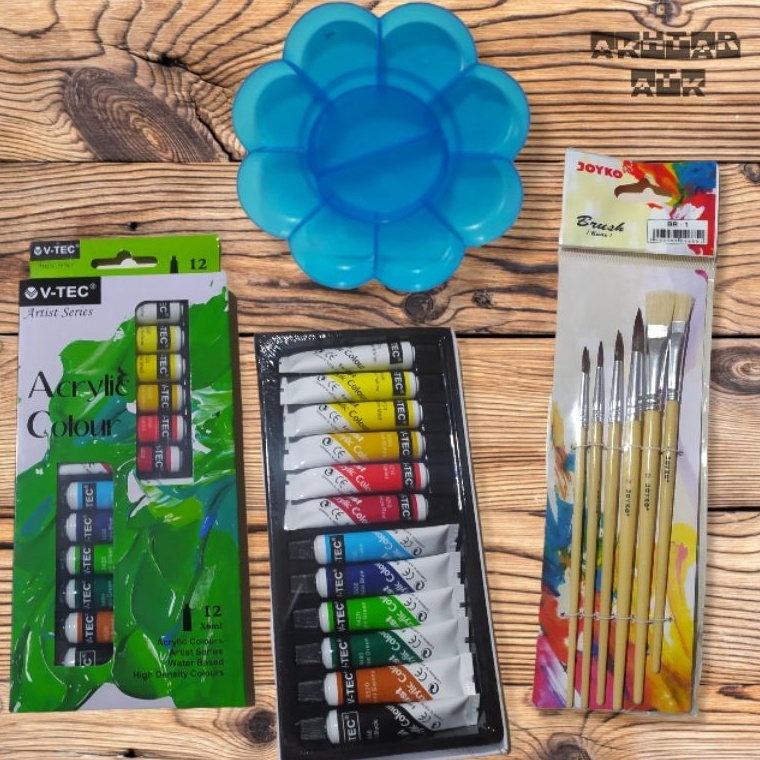 

[PROMO NAY5] Paket Lukis 3 In 1 / Cat Acrylic Vtec + Kuas Joyko Br1 + Palet Order lagi