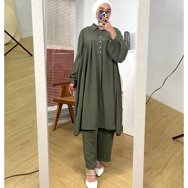 Terkini ONE SET CRINKLE LONG TUNIK JUMBO BUSUI KANCING DEPAN MARWAH GROSIR PGMTA MURAH
