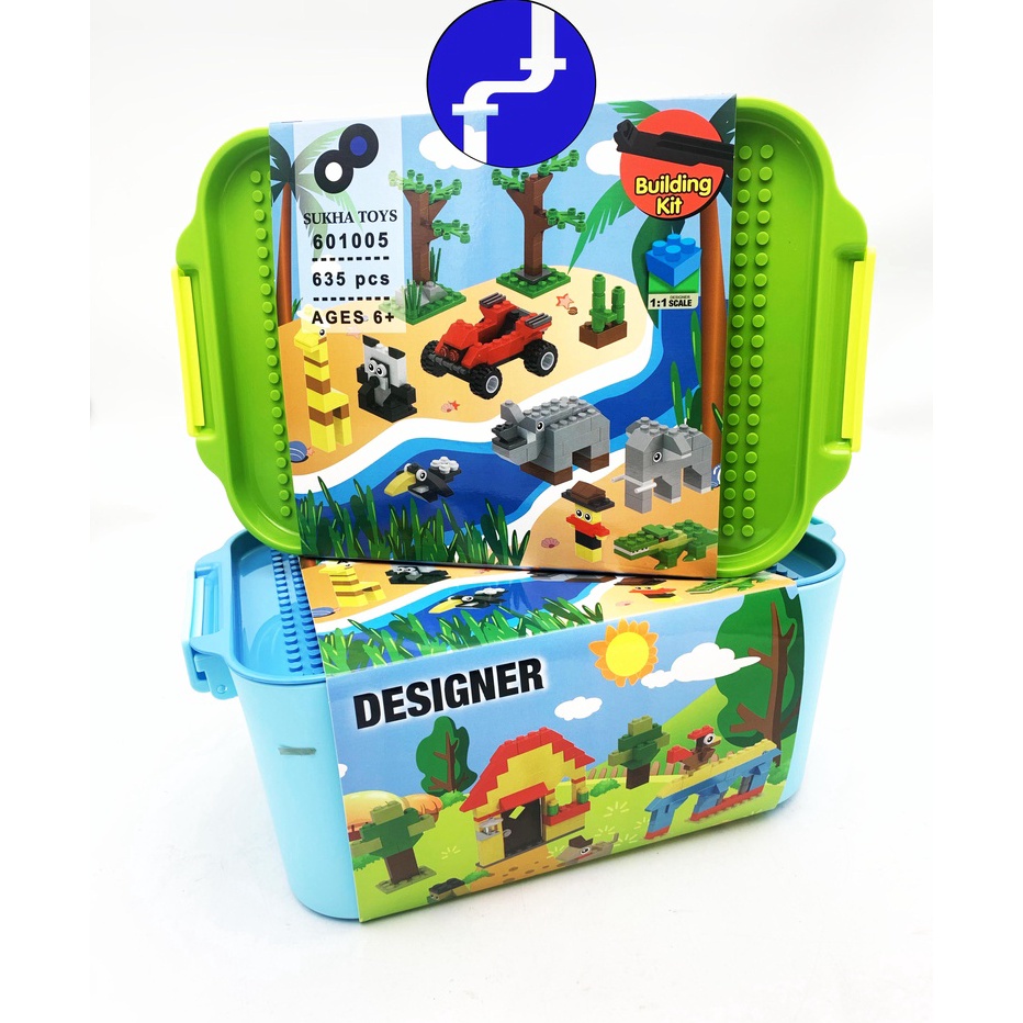 New Stock Mainan Anak Building Kit Panlos Brick Wange Designer 625 Blocks BOX Hijau dan Biru 601005