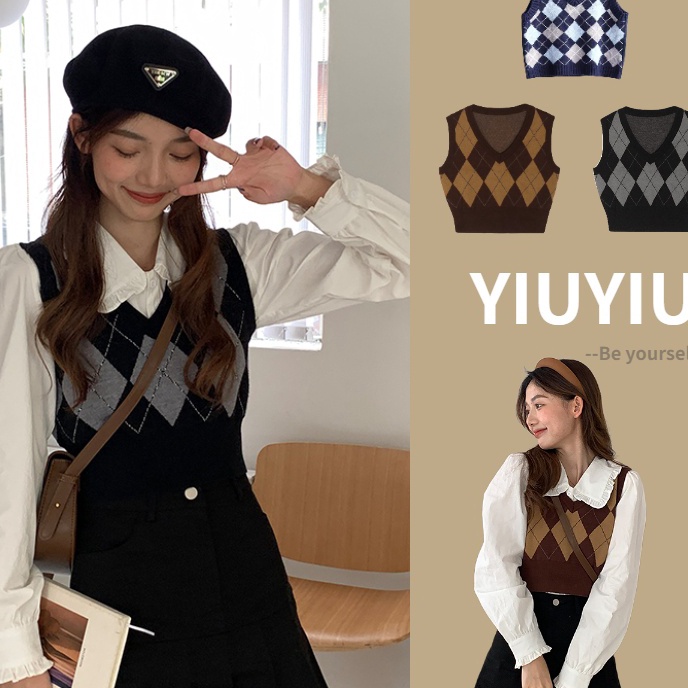 Terlaris YIU YIU Rajut - Vest Crop Top Rajut Premium Kotak Kotak Gaya Korea.