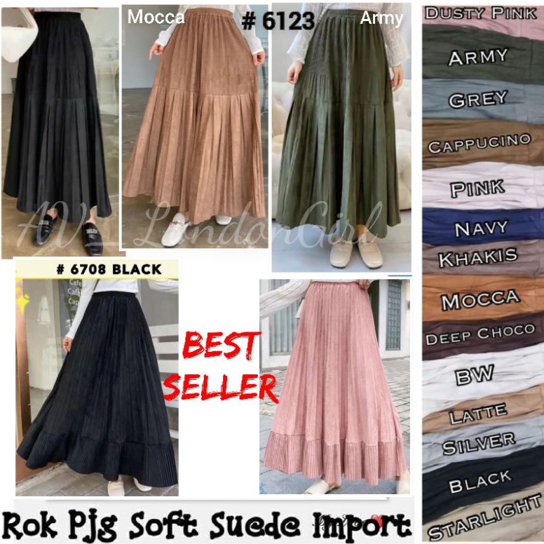 Sale.. Rok Suede Plisket Import Panjang 95 cm London Girl Super Premium Wanita 6708 6123 6901/ Woman