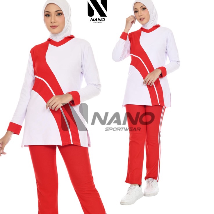 ￣ sR BAJU SENAM MERAH PUTIH / BAJU OLAHRAGA WANITA MERAH PUTIH/SETELAN BAJU OLAHRAGA MUSLIM/ BAJU SE