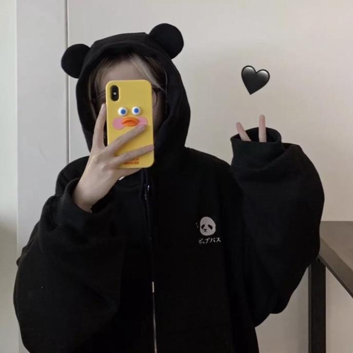 Jaket Zipper Panda Cute Wanita Jacket Hoodie Ala Korea Bertopi Telinga