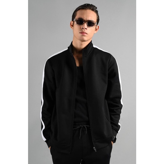 JAKET PREPP STUDIO TWEED TRACKTOP BLACK STRIPE WHITE