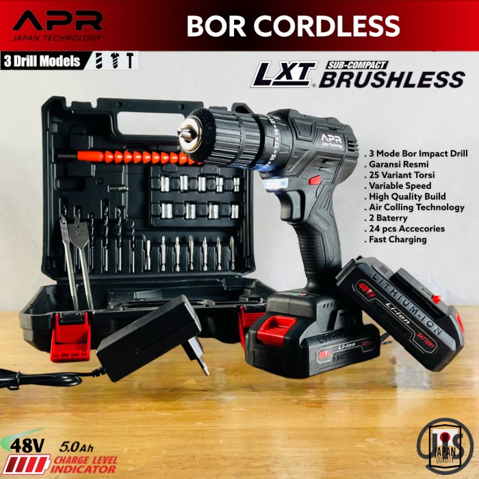 Mesin Bor Cordless APR JAPAN 48V 13MM BRUSHLESS FULLSET KOPER