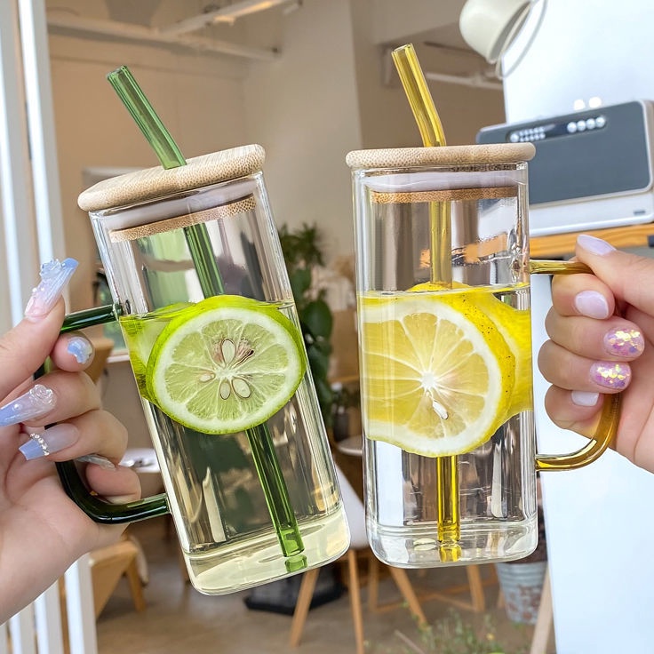 _ GROSIR Tutup Bambu Dan Sedotan Gelas Tumbler Aesthetic Gelas Minum Kaca Gelas susu / gelas jus / g