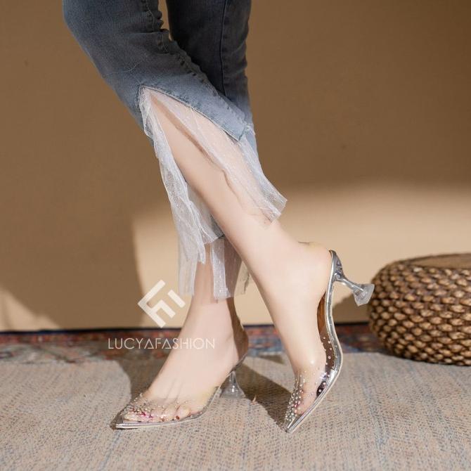 Heels agi0206 sandal transparan kaca wanita import kristal model