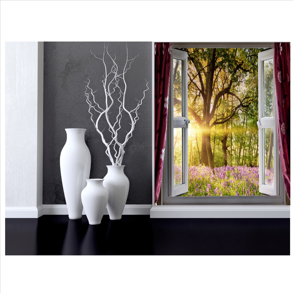 WALLBANNER/WALLPAPER 3 DIMENSI JENDELA TIRAI MERAH TAMAN BUNGA ukuran kecil