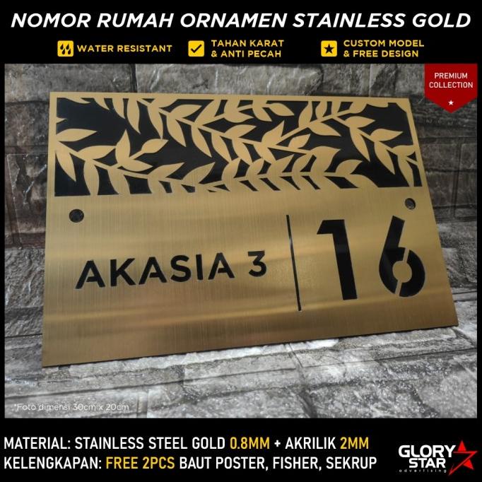 Nomor Rumah Modern Ornamen Stainless Gold + Akrilik Hitam