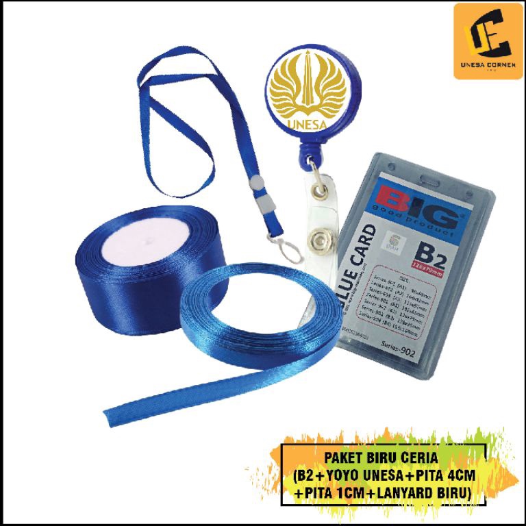 

ETBYG Paket Biru Ceria (pin/id card yoyo biru unesa + pita 4cm + pita 2cm + B2 + tali id card biru) ☌Stok Banyak