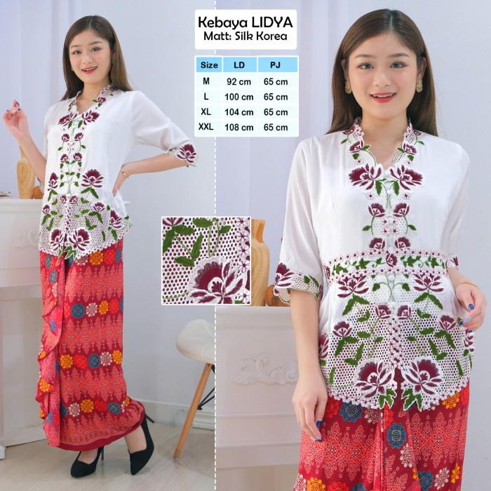 Atasan Kebaya Bordir Modern Wanita Dewasa Lengan Pendek Elegan Cantik - M, Putih 3/4