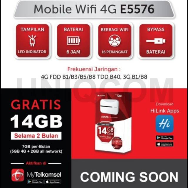 Fi Router Em Wifi 4G E5576 Telkomsel Unloed Free 14Gb