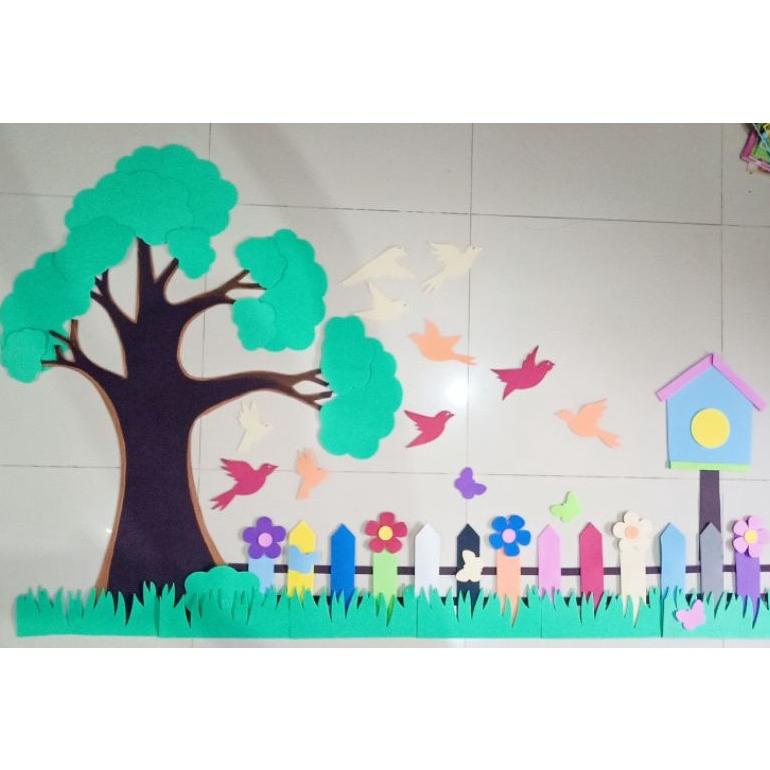 1 Set Hiasan Dinding (150cm x 120 cm) Spon Eva Pohon Pagar Rumput Bunga Kupu Pojok Baca Sekolahan Pa