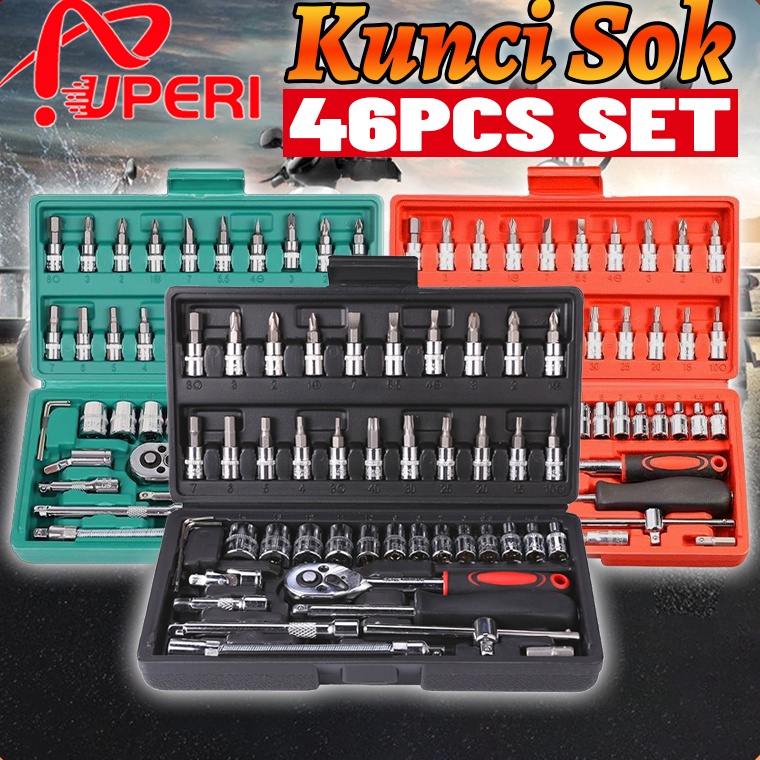 Harga Kompetitif Set Kunci Socket 46 PCS full Set (1/4 ") Pas Ring L Motor Kunci/kunci l set tekiro lengkap/kunci ring pas 1 set lengkap