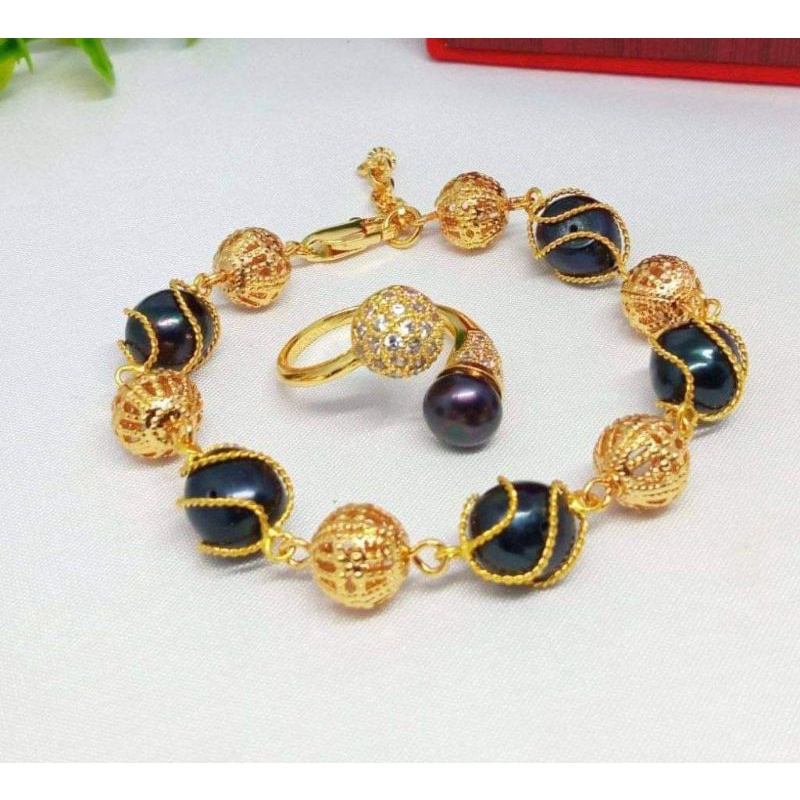 Set gelang cincin mutiara asli, mutiara hitam