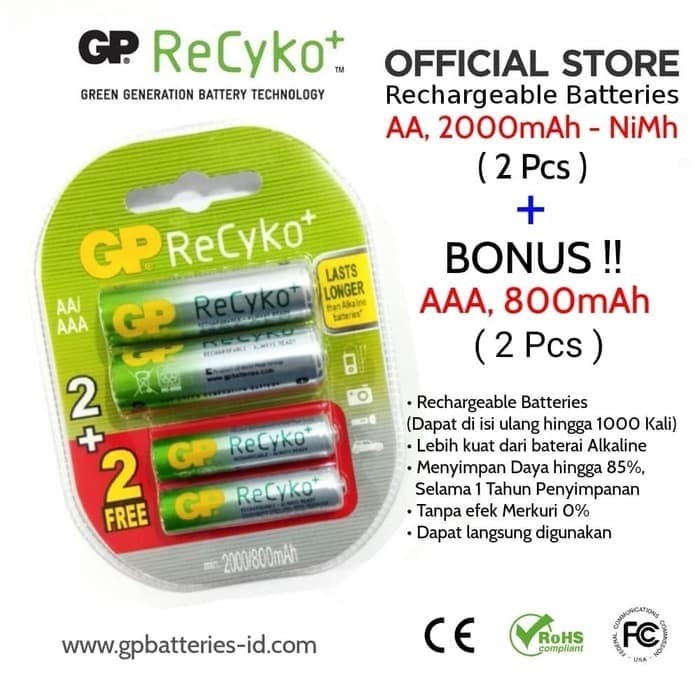 Baterai AA 2000MAH free AAA 850MAH rechargeable Recyko original GP 232