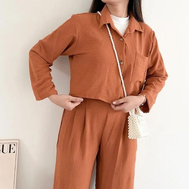 Big Sale Stelan Wanita Oneset Crop Crinkle/Kemeja One Set Cringkle/One Set Blezer Wanita Cringkle/Ba