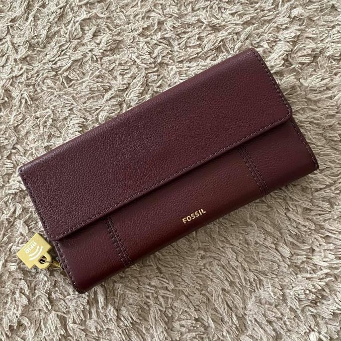 Dompet wanita original RFID Fossil Jori flap clutch Claret red nwt