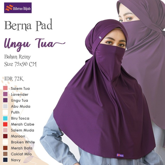 Nibras Hijab Berna Pad Warna Ungu Tua Jilbab Instan Bergo Masker Adem
