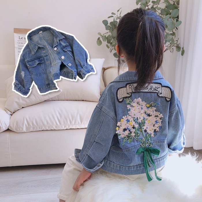[508104] - Jaket Jeans Bunga Bordir Lengan Panjang Anak Perempuan