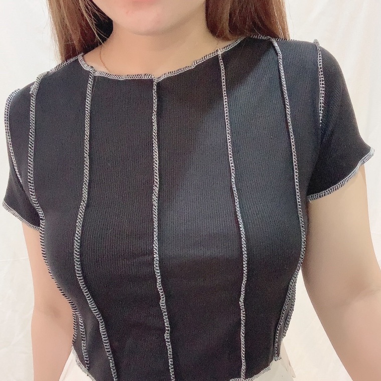 Terbaru.. Stitch Knit Crop Top Short Sleeve | Baju Kaos Atasan Lengan Pendek Model Terbalik Jahit Bo