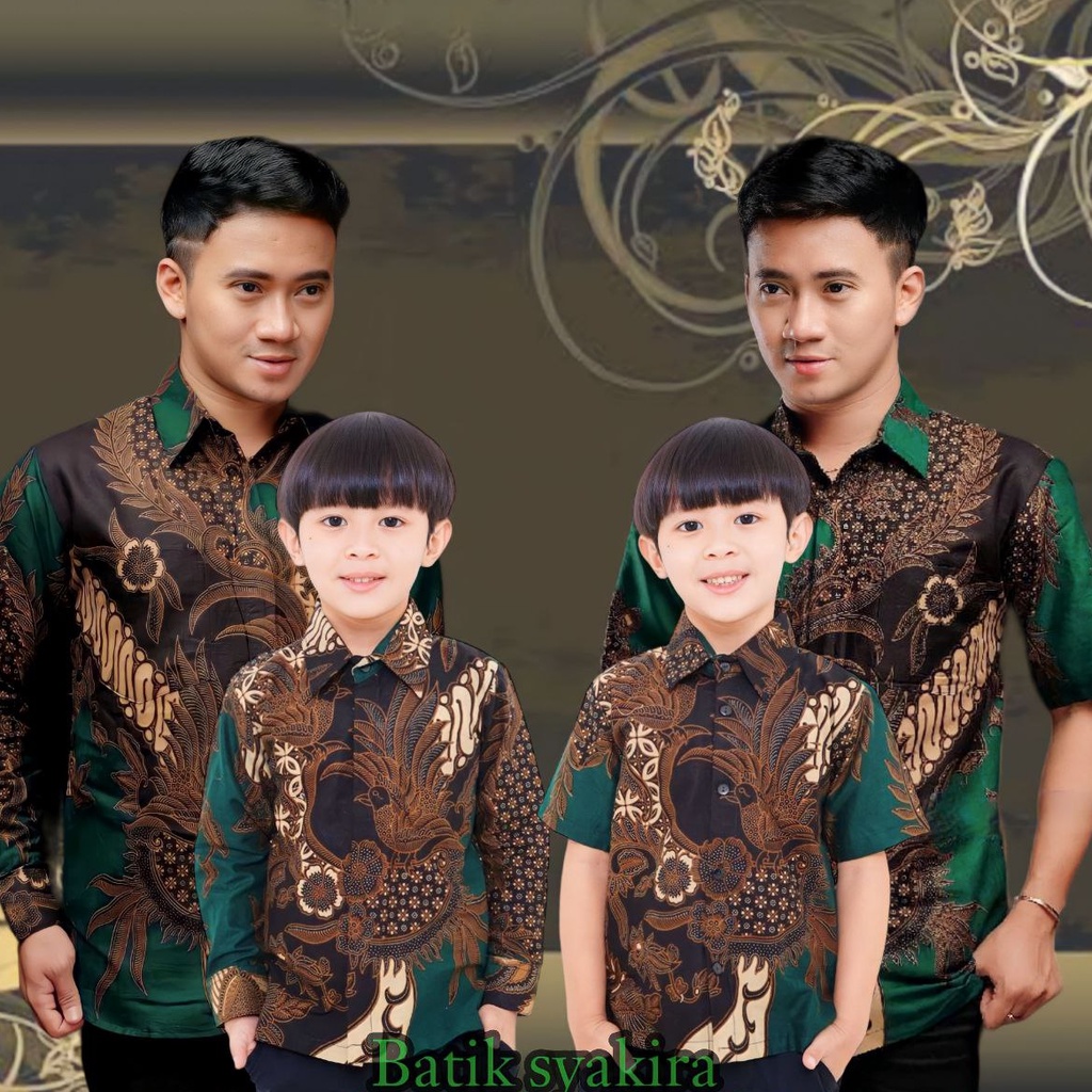 ➙➼✦❃ BAJU BATIK COUPLE AYAH ANAK LENGAN PENDEK, BAJU BATIK PRIA MAHESA HIJAU, BAJU ANAK COWOK COUPLE