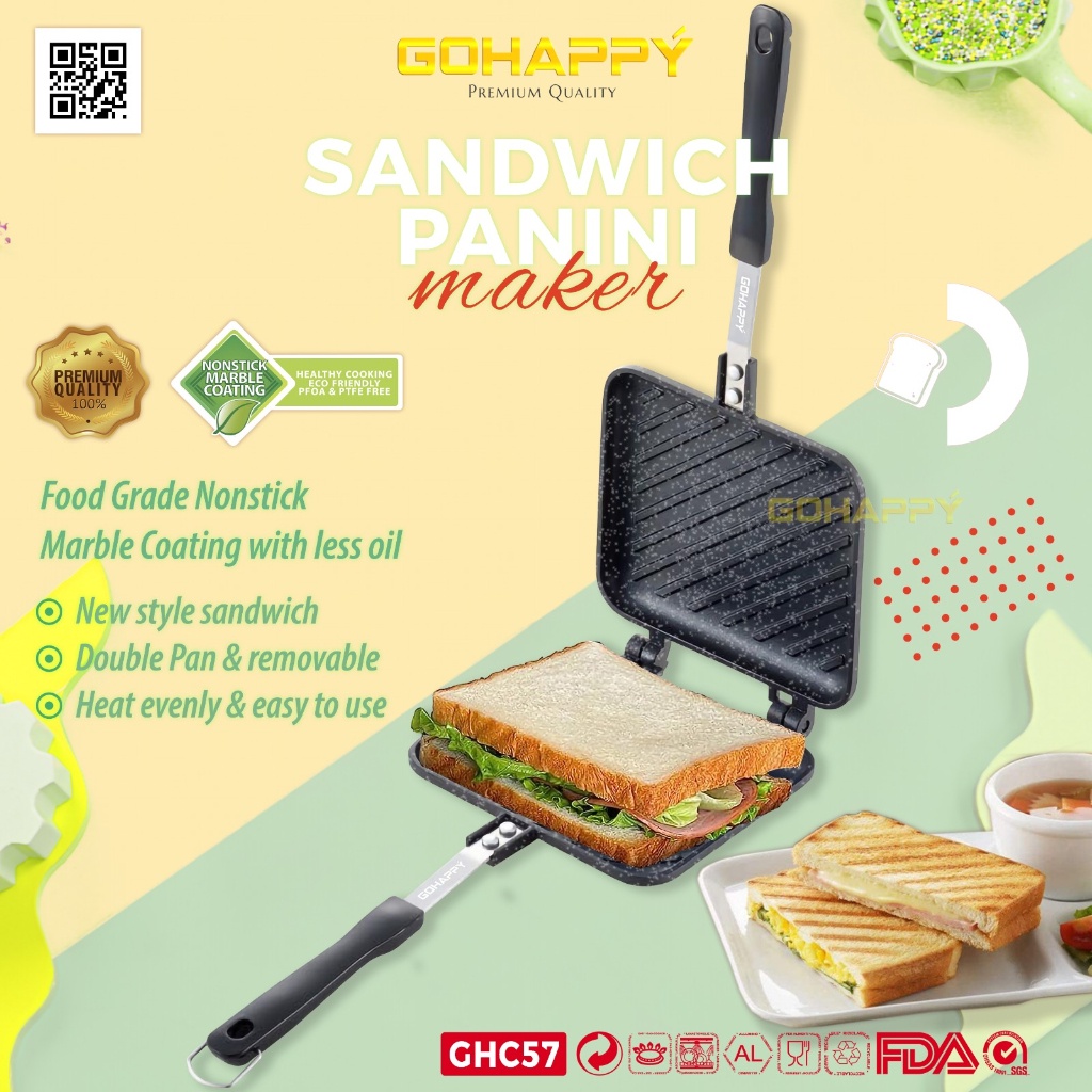 Panggangan Roti Gohappy Sandwich Panini Maker Double Pan - Marble Anti Lengket (Roti Panggang/Steak