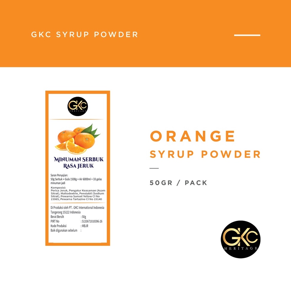

PRODUCT TERMURAH Bubuk Sirup Orange / Jeruk Powder Syrup Serbuk Minuman Powder Drink Kekinian GKC Heritage 50 gr