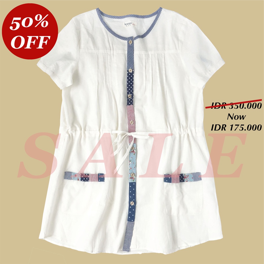 DRESS MINI LINEN PUTIH LIS PATCHWORK PINGGANG SERUT KOREA IMPORT SALE